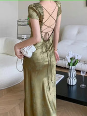 Elegante vrouwen groen satijnen backless mixi jurk paleis paleis korte mouw kanten v-hals bandage vintage bodycon avondjurk