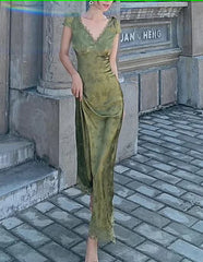 Elegante vrouwen groen satijnen backless mixi jurk paleis paleis korte mouw kanten v-hals bandage vintage bodycon avondjurk