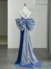 Robe de bal à longue sirène bleue simple, robe de soirée bleue en velours arrière sans dos