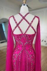 Fabulous Hot Pink Beadings Evening Dress Mermaid Long With Ruffle
