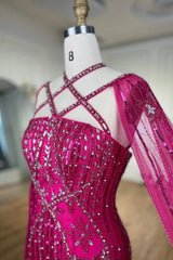 Fabulous Hot Pink Beadings Evening Dress Mermaid Long With Ruffle