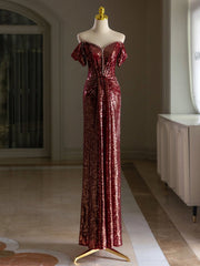 Simple Off Shoulder Sequin Bourgogne Lang prom kjole, bordeaux lang aftenkjole