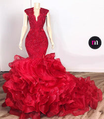 Gorgeous Beads Appliques Red Prom Dresses Ruffles Fit and Flare Alluring Evening Gowns