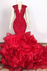 Gorgeous Beads Appliques Red Prom Dresses Ruffles Fit and Flare Alluring Evening Gowns