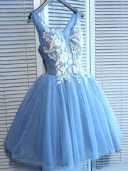 Gorgeous Blue Short Homecoming Dresses V-Neck Lace-Up Hoco Dresses