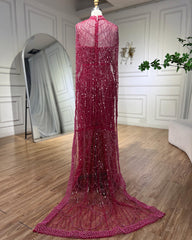 Gorgeous Fuchsia Mermaid Prom Dress Beadings Pearls With Cape