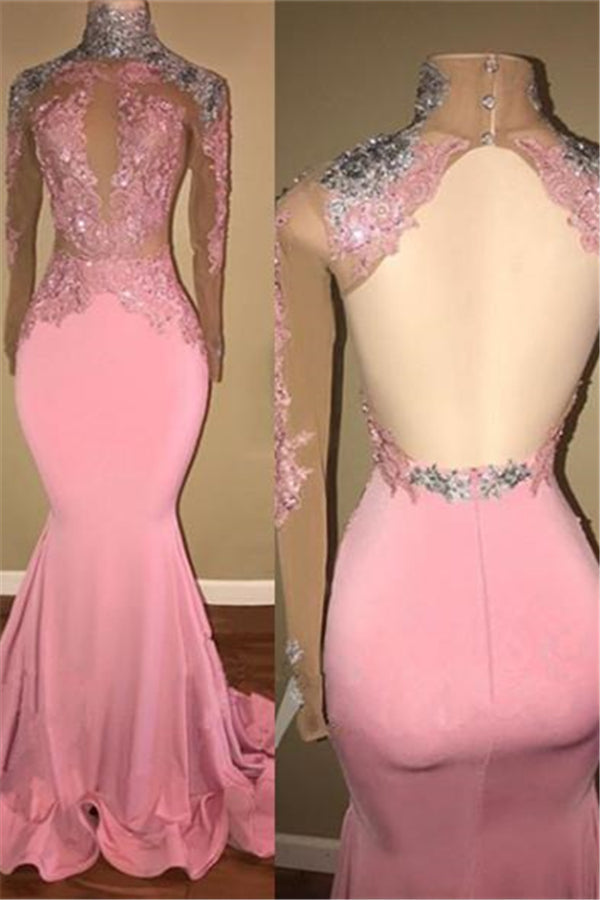 Gorgeous High-Neck Backless Pink Prom Party GownsMermaid With Lace Appliques