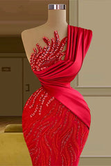Gorgeous Long Red Mermaid One Shoulder Lace Sequined Sleeveless Prom Dress