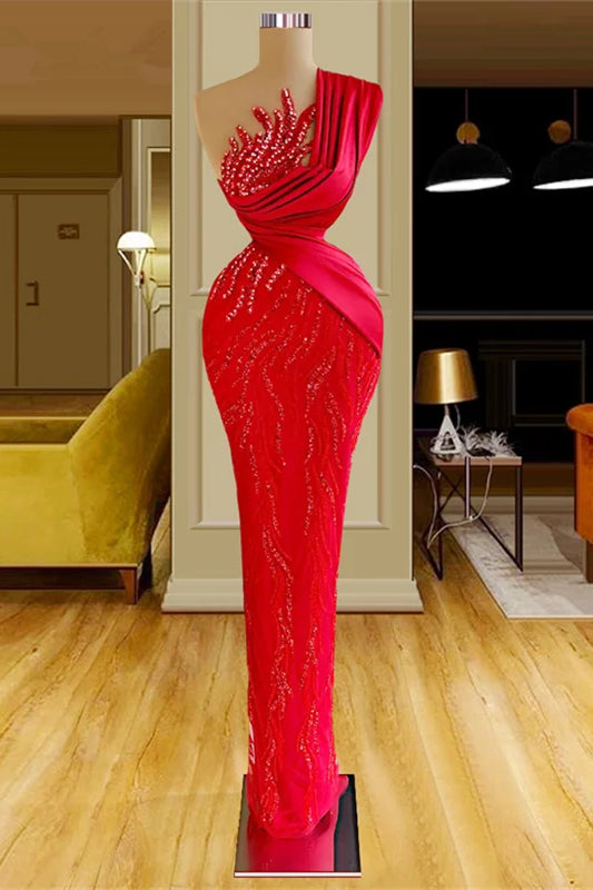 Gorgeous Long Red Mermaid One Shoulder Lace Sequined Sleeveless Prom Dress