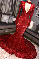 Gorgeous Mermaid Long Sleevess Deep V-neck Lace Applique Prom Dresses