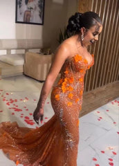 Gorgeous Orange Beaded Applique Mermaid Evening Dress Long Prom Dress