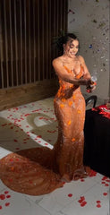 भव्य नारंगी मनके applique mermaid शाम पोशाक लंबी प्रोम पोशाक