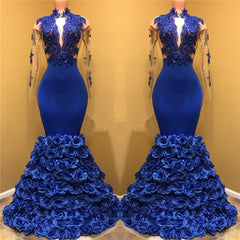 Gorgeous Royal Blue Prom Dresses Long Sleevess Evening Gowns with Rose Flowers