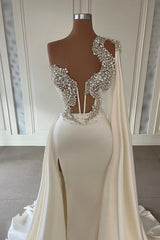 Gorgeous White A-line One Shoulder Graduation Dresses Long Glitter Prom Dresses With Split Online