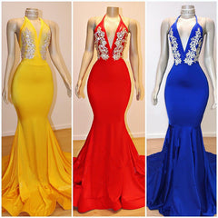 Halter V-neck Appliques Mermaid Long Eveing Gowns