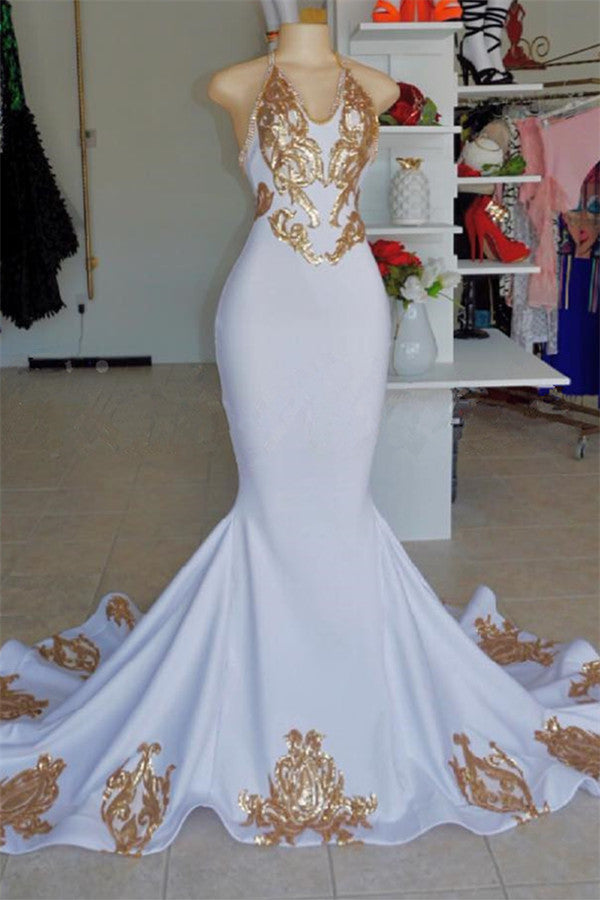 Halter V-Neck Sleeveless Gold Appliques Prom Party Gowns