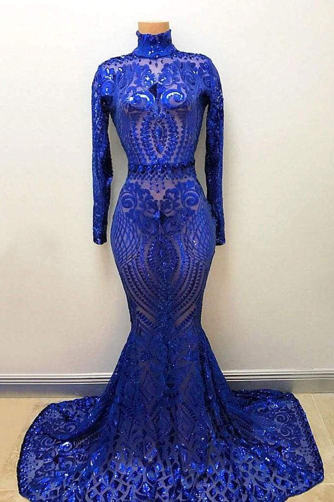 High Neck Long Sleevess Crystal Beading Appliques Mermaid Evening Gowns
