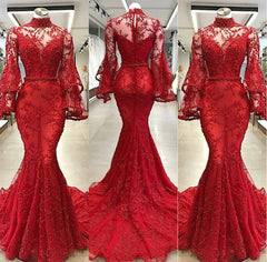 High Neck Long Sleevess Mermaid Beading Applique Chapel Train Prom Party Gowns