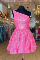 Hot Pink Prom Dress One Shoulder En linje Kort hemkommande klänning paljetter