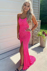 Hete roze prom -jurken Sparkly Mermaid -lovertjes mouwloze lange avondjurk met spleet