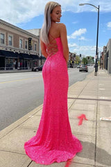 Hot Pink Prom Dresses Sparkly Mermaid Sequined Sleeveless Long Evening Gown with Slit
