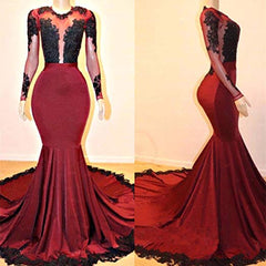 Long Sleeves Round Collar Mermaid Prom Dress Red Sequins Long Chiffon