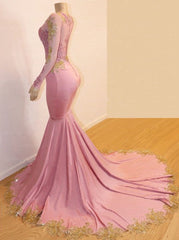 Long Sleeves Round Collar Mermaid Prom Dress Sequins Pink Long Chiffon