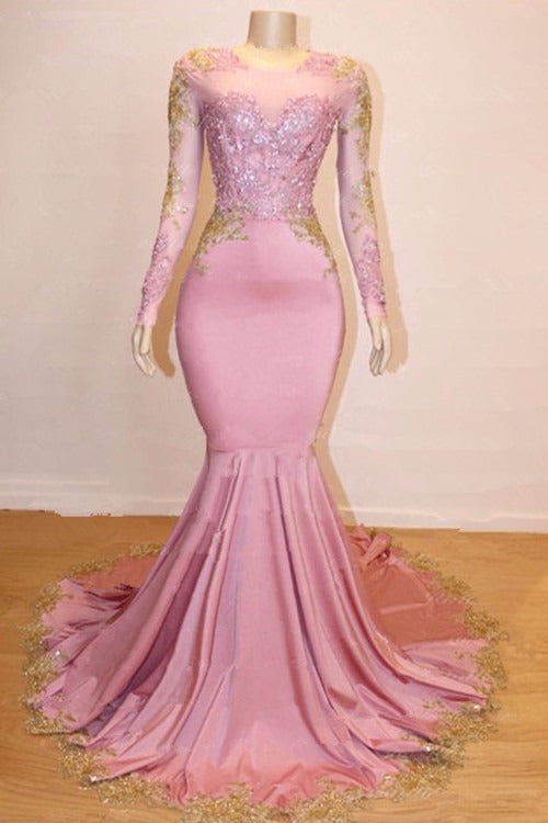 Long Sleeves Round Collar Mermaid Prom Dress Sequins Pink Long Chiffon