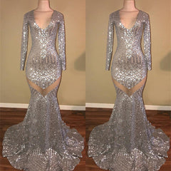 Long Sleeves Sequins Prom Party Gowns| Mermaid V-Neck Evening Gowns