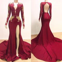 Long Sleeves V-neck Mermaid Prom Dress Red Sequins Long Chiffon