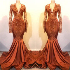 Long Sleeves V-neck Mermaid Prom Dress Sequins Gold Long Chiffon Lace