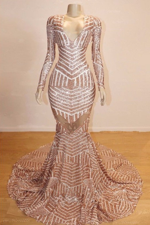 Long Sleeves V-neck Mermaid Prom Dress Sequins Long Chiffon