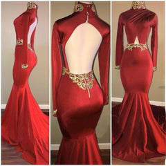 Long Sleevess High Neck Hollow Back Mermaid Prom Dresses