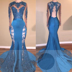 Long Sleevess Lace Appliques Open Back Brush Train Mermaid Prom Gowns