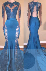 Long Sleevess Lace Appliques Open Back Brush Train Mermaid Prom Gowns