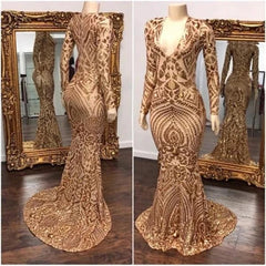 Long Sleevess V-neck Beading Patterns Long Mermaid Prom Gowns