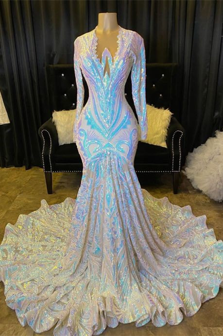 Mermaid Asymmetrical Sequined Floor-length Long Sleeve Appliques Lace Prom Dress
