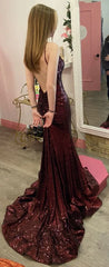 मरमेड बरगंडी सेक्विन फर्श की लंबाई प्रोम ड्रेस 22 वीं जन्मदिन की पोशाक