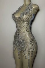 Mermaid Halter Sequined Jersey Beading Sleeveless Mini Rhinestone Party Dress