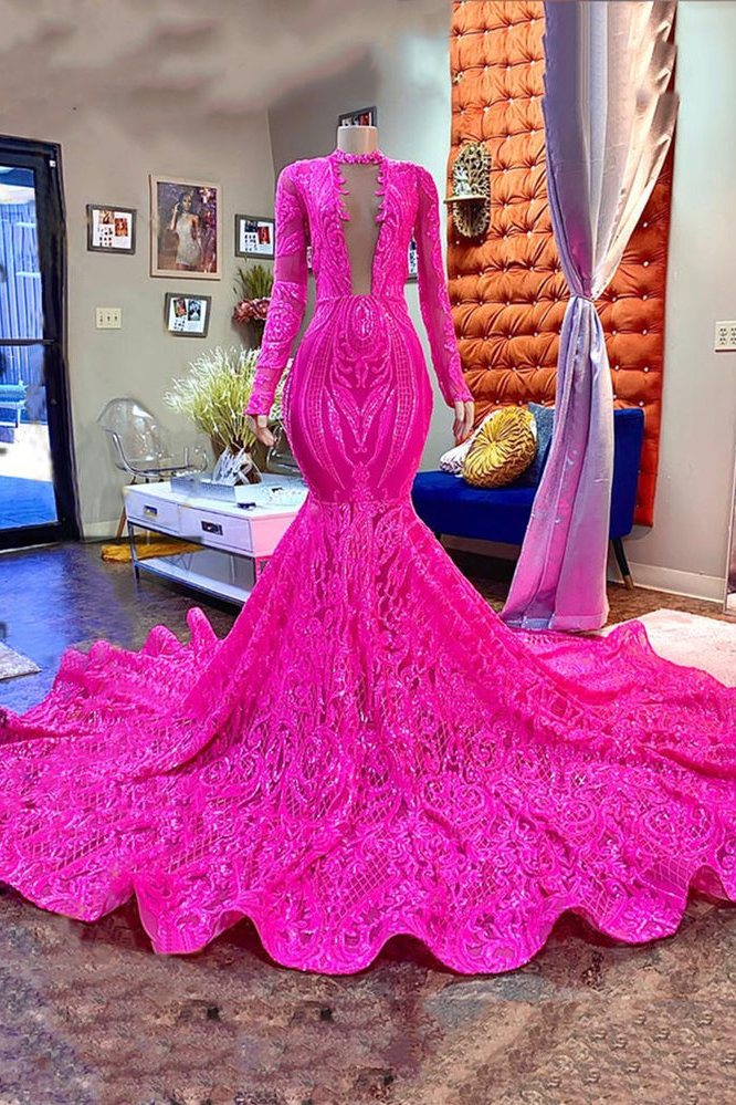 Mermaid High Neck Sequined Floor-length Long Sleeve Appliques Lace Prom Dress