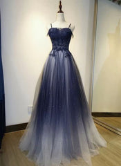 Navy Gradient A Line Tulle Long Formeal Prom Robes