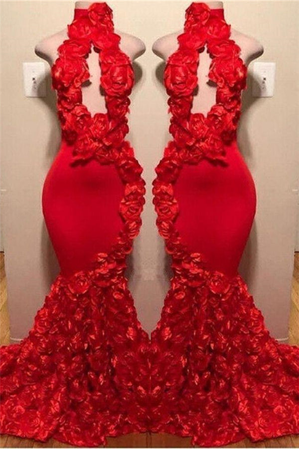 New Arrival Red Keyhole Mermaid Flowers Halter Sleeveless Long Prom Dresses
