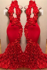 New Arrival Red Keyhole Mermaid Flowers Halter Sleeveless Long Prom Dresses