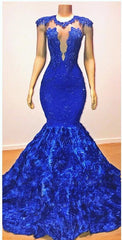 New Arrival Royal-Blue Flowers Mermaid Sleeveless With lace Appliques Prom Dresses