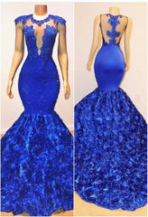 New Arrival Royal-Blue Flowers Mermaid Sleeveless With lace Appliques Prom Dresses