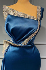 One Shoulder Blue Beading Sequns Long Mermaid Prom Dress