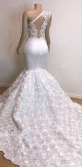 One Shoulder Lace Appliques Meramid Prom Dresses with sleeve