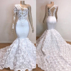 One Shoulder Lace Appliques Meramid Prom Dresses with sleeve