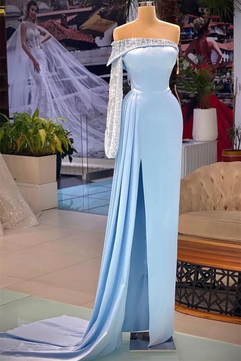 One Shoulder Strapless Floor-length Backless High Split Sheath Prom Dress