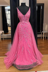 Pink Corset Prom Dress Elegant A Line Deep V Neck Party Evening Dress med applikationer